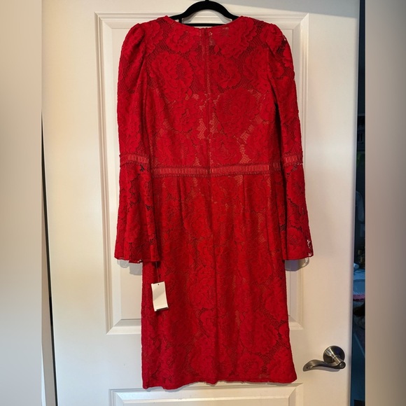 NEW Tadashi Shoji Kyra Bell Sleeve Lace Dress Red Sz 10 Formal Midi Holiday NWT - Picture 4 of 10